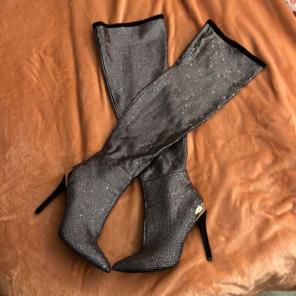 BEBE slouchy bedazzled boots black silver knee high